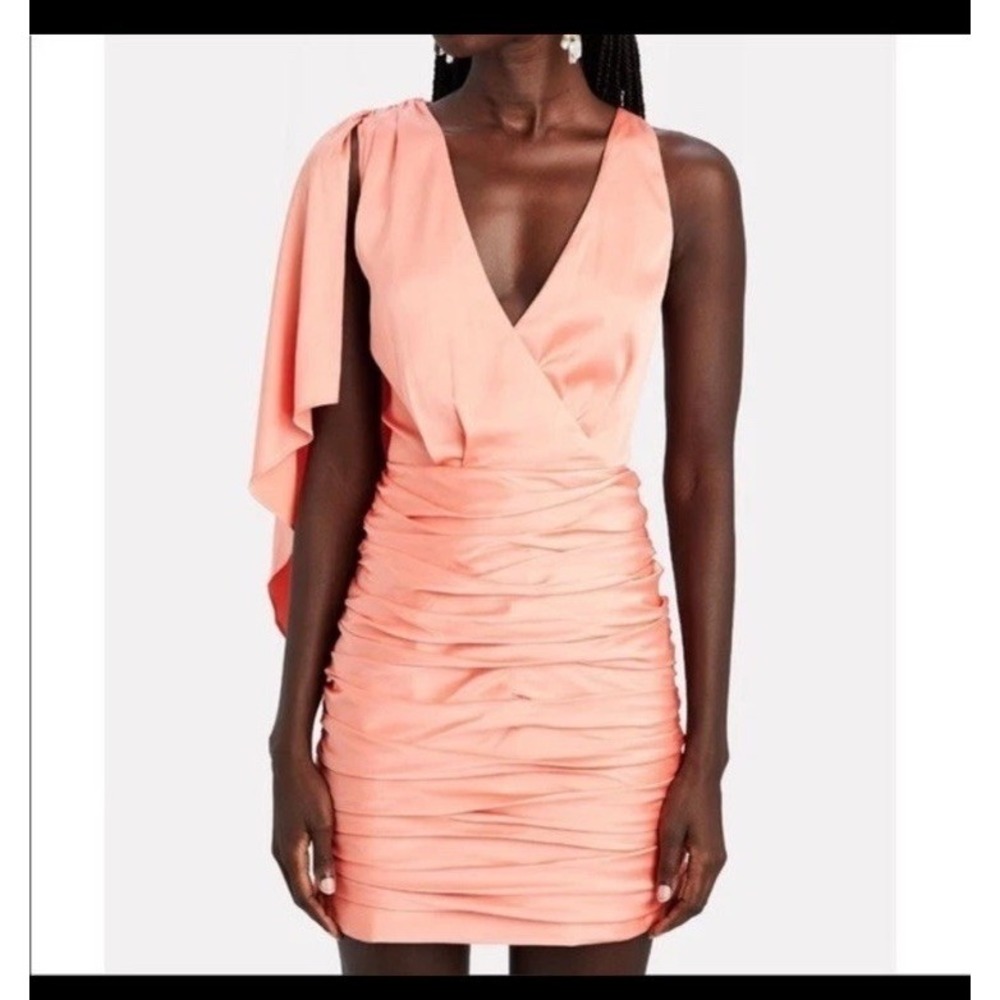 Ronny Kobo Morgan Ruched Mini Dress‎ In Coral  cocktail orange Size L NWT Read